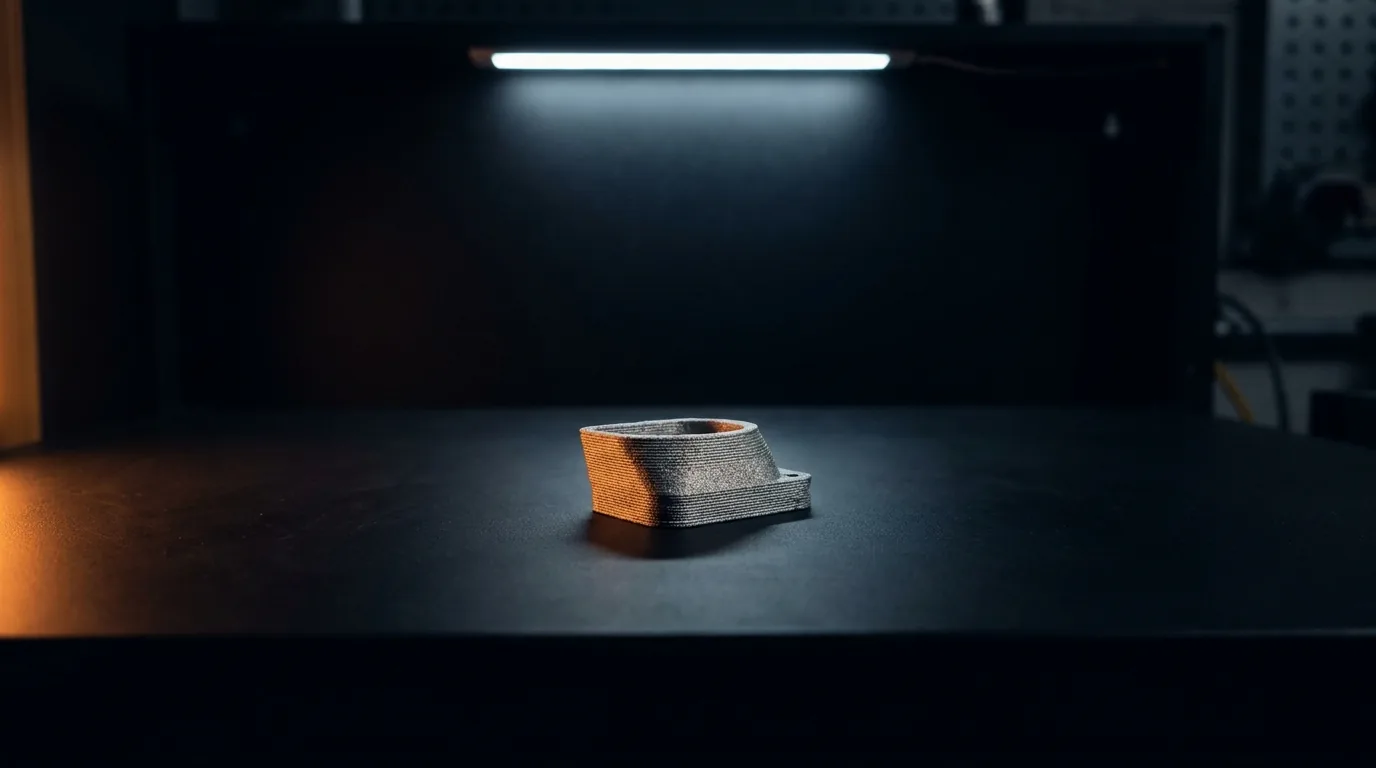 Uma peça metálica pequena de superfície fosca e granulada sozinha numa bancada de aço fosco escuro, sob a fita de LED direto de cima, com um raspão de luz laranja pela esquerda pegando a borda das camadas, sombra funda à direita e fundo quase preto