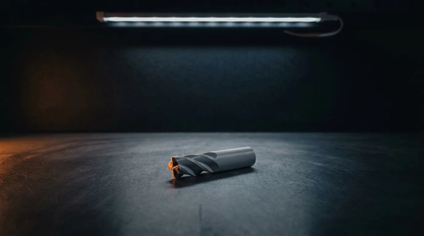 Uma fresa de topo pequena sem marca apoiada sozinha numa bancada de aço fosco escuro, sob a fita de LED direto de cima, com um raspão de luz laranja pela esquerda pegando a borda do corte, sombra funda à direita e fundo quase preto