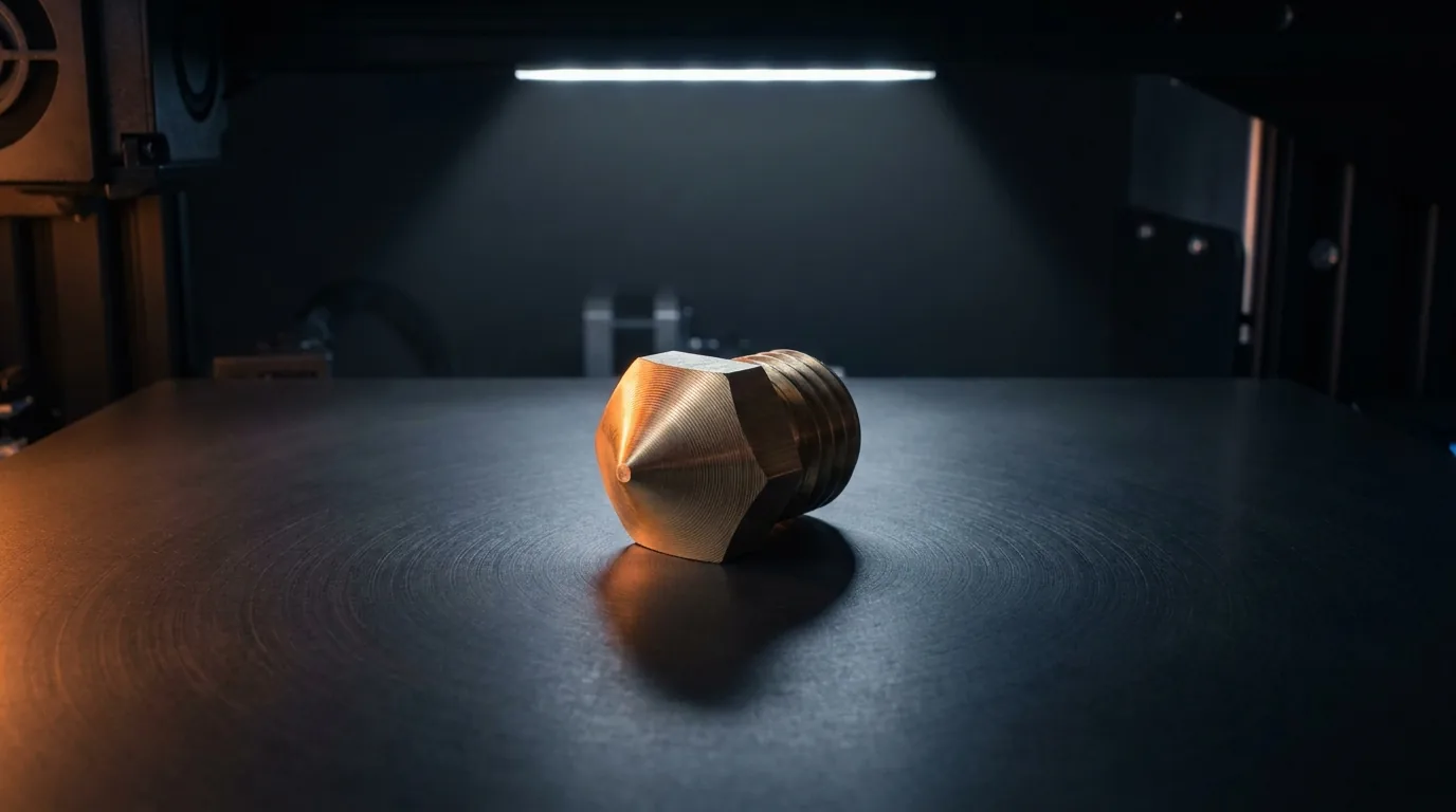 Um bico de latão de extrusora limpo e sem marca nenhuma sozinho numa bancada de aço fosco escuro, sob a fita de LED direto de cima, com um raspão de luz laranja pela esquerda pegando a borda das camadas, sombra funda à direita e fundo quase preto