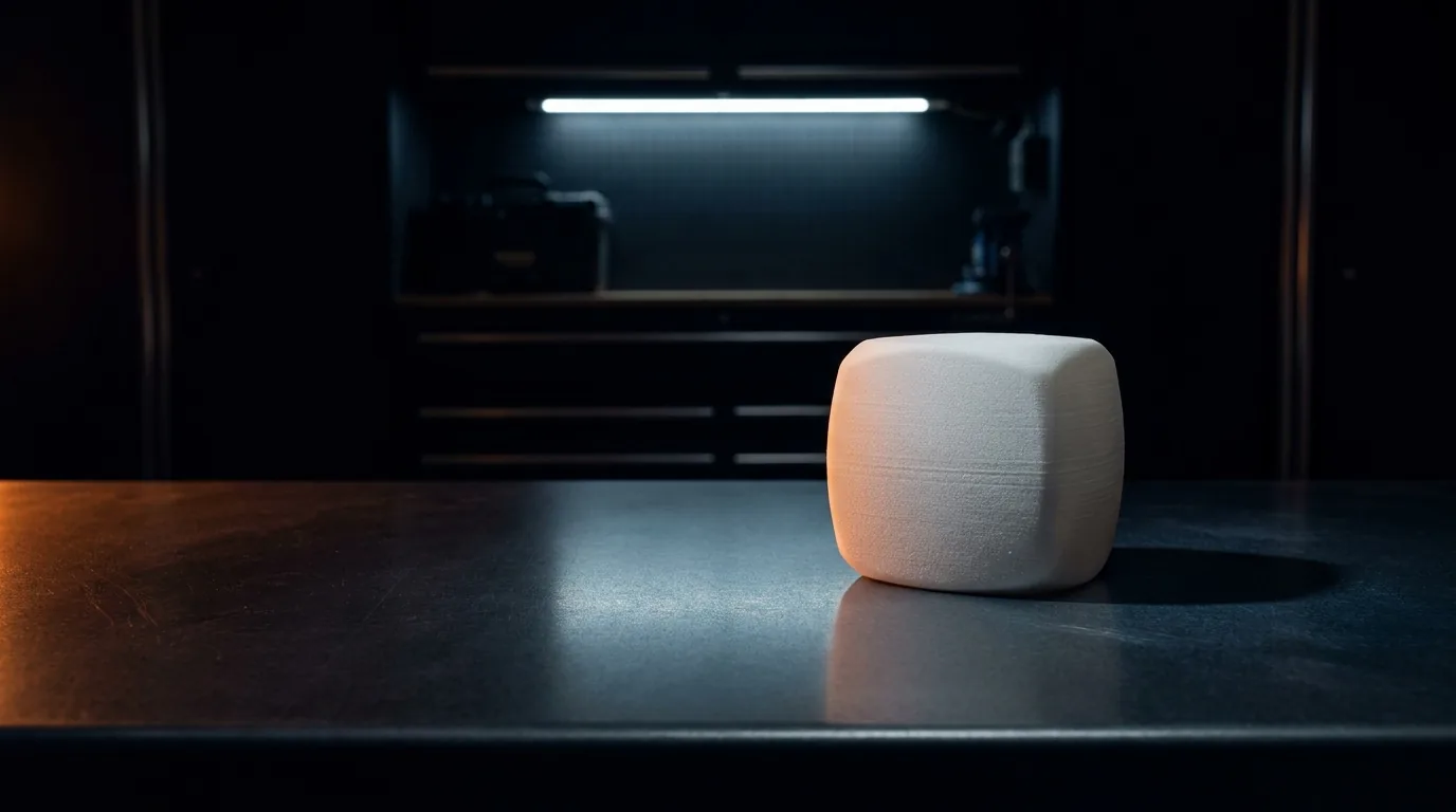 Uma peça de nylon branco fosca com textura granulada sozinha numa bancada de aço fosco escuro, sob a fita de LED direto de cima, com um raspão de luz laranja pela esquerda pegando a borda das camadas, sombra funda à direita e fundo quase preto